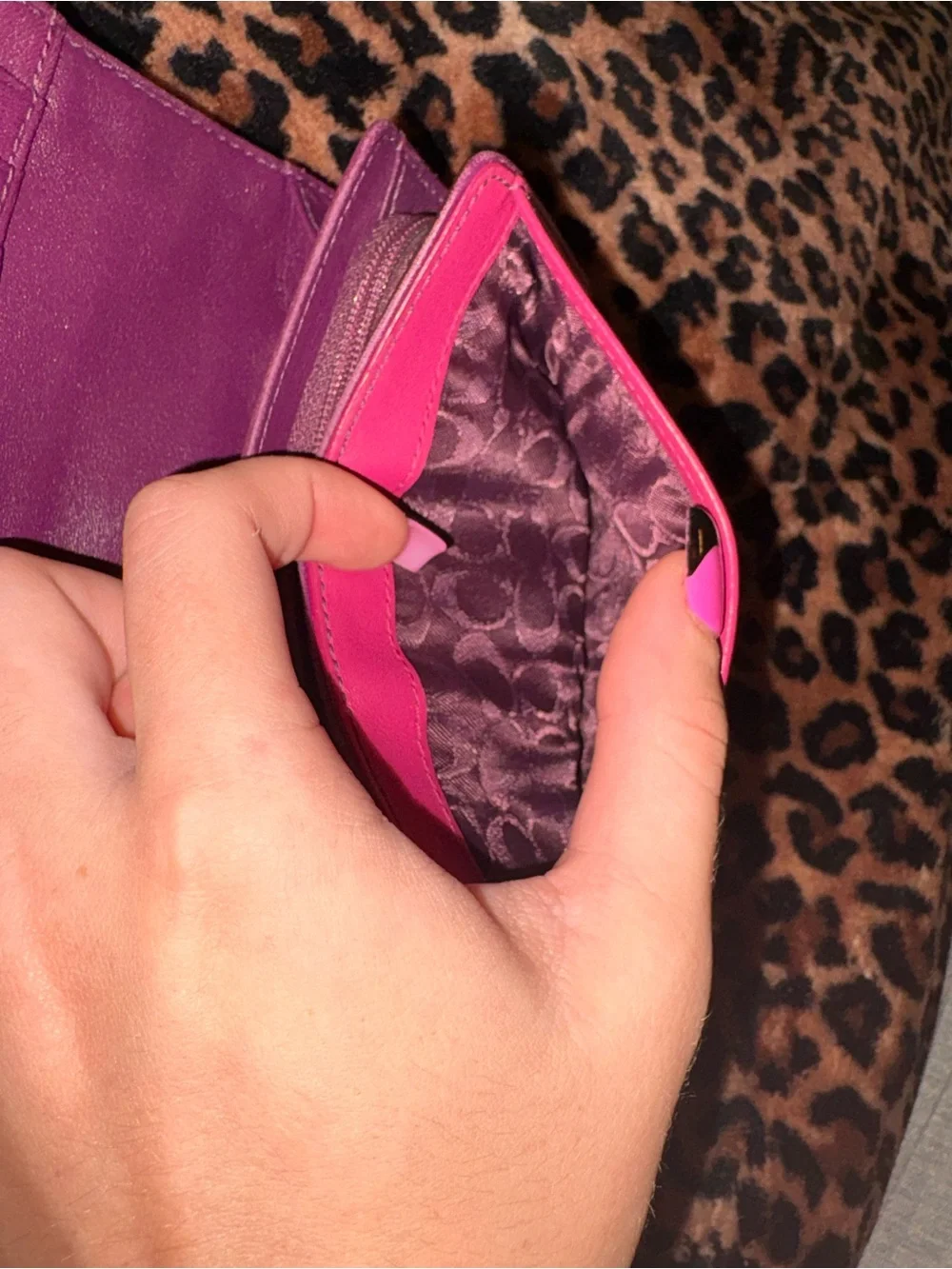 Coach Hot Pink Leather Wallet with purple interior